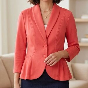 ELLE Pink Peplum Ruffle Blazer Coral Tailored Shawl Collar Jacket Sz L